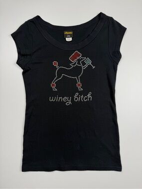 Vintage Winey Poodle Short Sleeve Top Womens Small Black Y2K Brightline